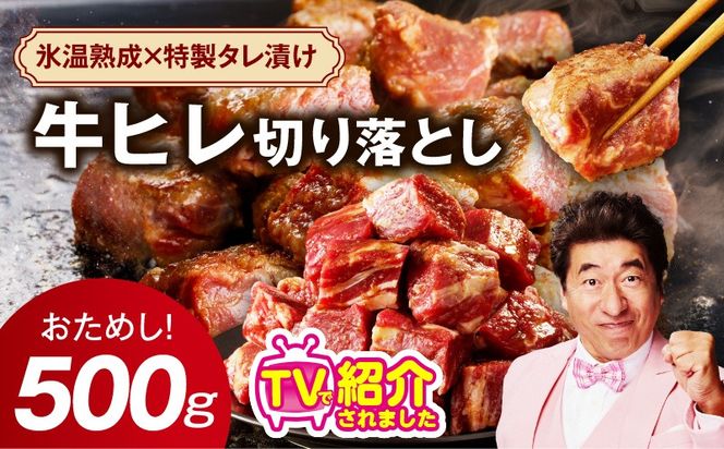 mrz0309 【お試し】牛ヒレ肉 切り落とし 500g【小分け 500g×1P 氷温熟成×特製ダレ サイズ不揃い やわらか ステーキ ひと口サイズ カット済み】