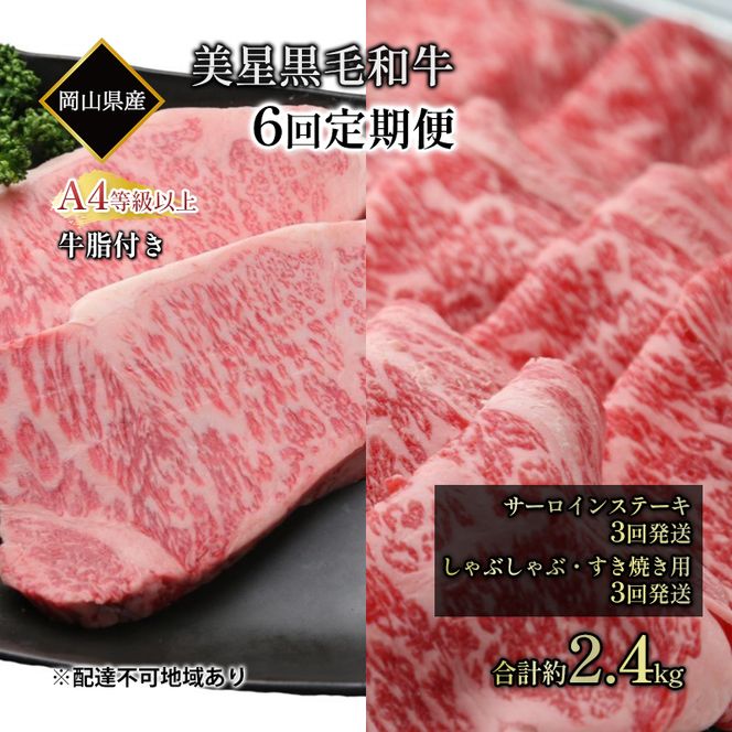 黒毛和牛 定期便 6回発送 サーロインステーキ 約400g ×3回 しゃぶしゃぶ すき焼き 用 約400g ×3回 合計 約2.4kg A4等級 以上 牛脂付き サーロイン 美星牛 美星牧場 岡山 