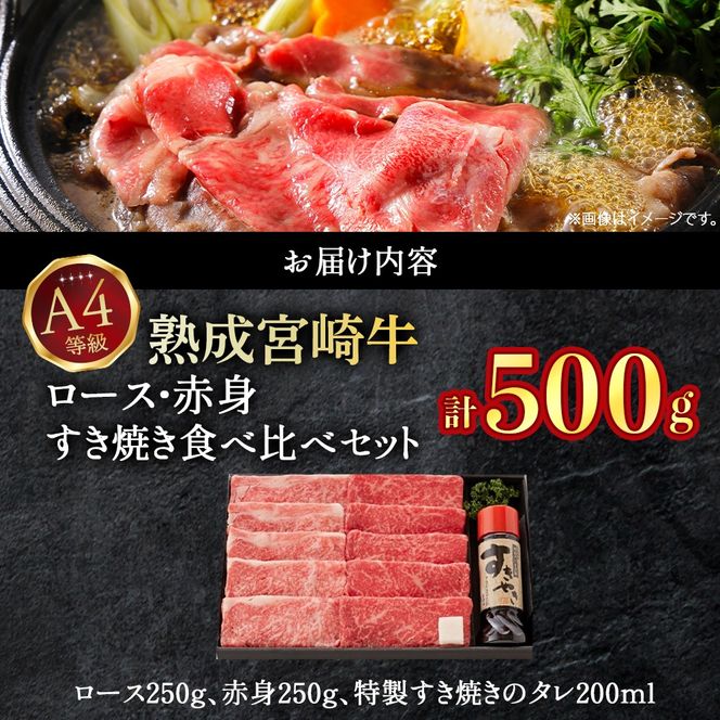 【人気鉄板焼き店厳選】熟成宮崎牛A4等級ロース・赤身すき焼き食べ比べセット　オリジナルタレ付き（国産 牛肉 黒毛和牛 宮崎牛 焼肉 すき焼き スライス 赤身 霜降り 特製タレ付き） 