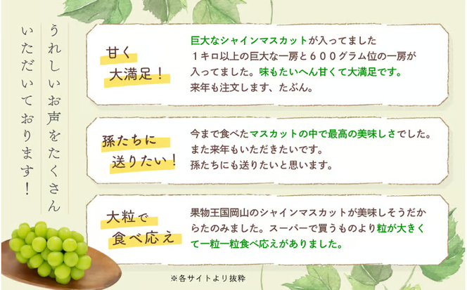 【2026年先行予約】 花笑み農園 シャインマスカット1kg（2房）贈答用 （優品以上） 大粒でずっしり！ 岡山 真庭 シャインマスカット 大粒 ぶどう 2026年9月下旬～ 受付順に発送予定 【hana015-03】