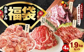 mrz0327 肉福袋 4種 1.9kg 焼肉セット（牛肉 切り落とし／牛ハラミ／豚肉 スペアリブ／鶏肉）【氷温熟成×極味付け 焼くだけ 食べ比べ ふくぶくろ お楽しみ 簡単調理】