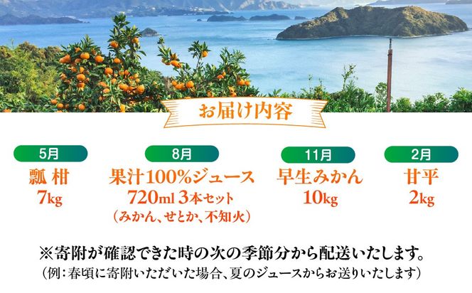  【年4回定期便】【愛媛県産】田縁農園の四季物語　春：瓢柑（7kg）、夏：果樹100%ストレートジュース（720ml×3本 / みかん、せとか、不知火）、秋：早生みかん（10kg）、冬：甘平（2kg） IKTA010