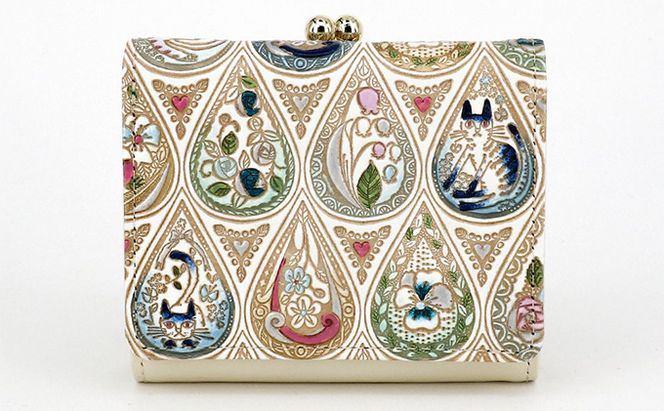 【文庫屋大関】三つ折りミニ財布　花と猫（インディゴ）【皮革工芸品】 ファッション 小物 民芸品 お札 カード 小銭 手のひらサイズ コンパクト 蝶々 牛革 手作り 国産 