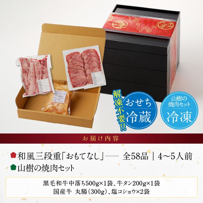 山樹の焼肉セット と 千賀屋謹製 迎春おせち料理 和風三段重「おもてなし」セット ［035S10-C］ 山樹 焼肉 セット 千賀屋 謹製 迎春 おせち 料理 和風 三段重 おもてなし 4人前 5人前 迎春セット 冷蔵おせち 牛タン ホルモン 黒毛和牛 カルビ 年末 年始 お取り寄せ 愛知県 小牧市 送料無料