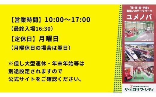 陸・海・空・宇宙の テーマパーク ユメノバ 入場券 （大人1枚） ザ・ヒロサワ・シティ チケット レジャー ヒロサワシティ お出かけ 夏休み 冬休み [DP009ci]