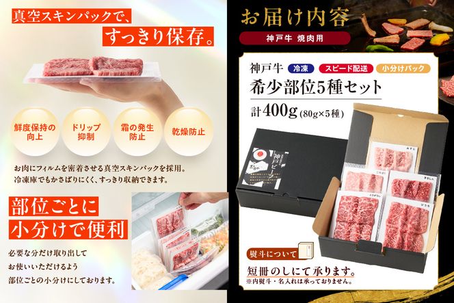 【神戸牛希少部位 5種×80g 計400gセット 冷凍】 最短翌日～4営業日以内発送 神戸牛 和牛 国産 牛肉 みすじ ひうち 三角ばら とうがらし まるしん 大人気 人気 ふるさと納税 返礼品 おすすめ ランキング 神戸 兵庫県 香美町 帝神志方ミート 93-02