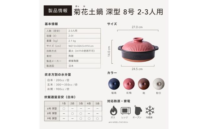 G.M.P【萬古焼（ばんこやき）】菊花 深型土鍋 8号 カラー：紅梅【二人用、三人用、二合、2合、3合、秋、冬、おしゃれ、ご飯、ごはん 、家庭用、家族 、家庭、料理、贈り物、直火、レンジ、炊飯、鍋、なべ、スープ、煮物、煮込み、ご自宅、菊花 銀峯 GINPO 三重県 四日市 ふるさと納税】