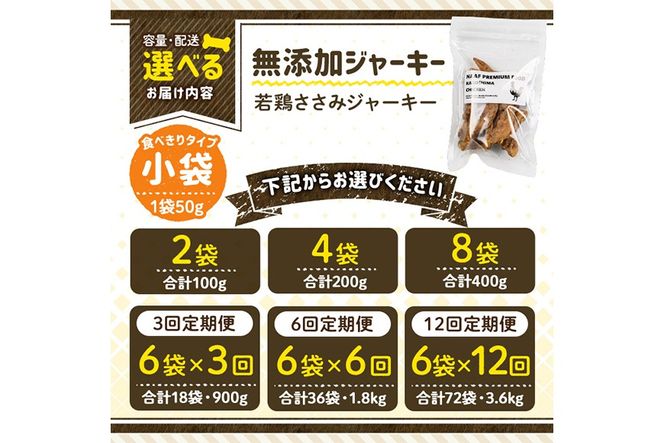 a1054 《容量・配送が選べる》＜保存料・着色料 不使用＞愛犬用無添加 若鶏ささみジャーキー(2袋・4袋・8袋・3回定期便・6回定期便・12回定期便)【Nフードサービス】姶良市 鶏 ジャーキー 犬 ドッグ ペット フード エサ おやつ ごはん 間食 ご褒美 ペット関係