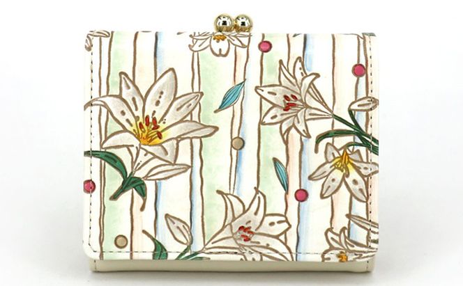 【文庫屋大関】三つ折りミニ財布　ホワイトリリー【皮革工芸品】 ファッション 小物 民芸品 お札 カード 小銭 手のひらサイズ コンパクト 大人かわいい 牛革 手作り 国産 