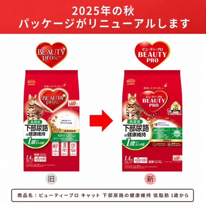 日本ペットフード ビューティープロ キャット 下部尿路の健康維持 低脂肪 1歳から 560g（80g×7袋入）×10袋（ケース） キャットフード