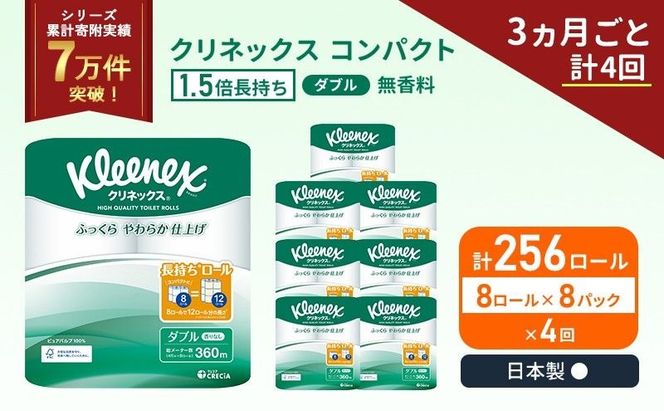 定期便 トイレットペーパー ダブル 1.5 倍巻き 1ケース ( 8ロール入 × 8パック ) クリネックス コンパクト 無香料《 3ヶ月ごと 計  4回 》