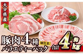 豚肉 バラエティーパック(合計4kg・4種)豚バラ しゃぶしゃぶ 鍋 とんかつ ロース 小分け 個包装 豚こま 小間切れ スライス セット 詰め合わせ 詰合せ 冷凍 食べ比べ 国産 大分県 佐伯市【BD222】【西日本畜産株式会社】