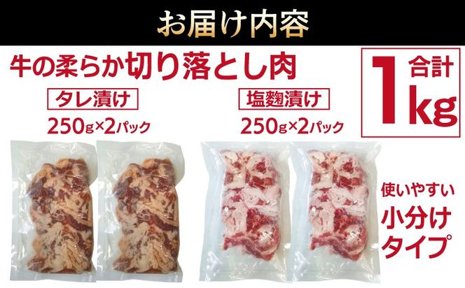 G3354 牛肉 切り落とし タレ漬け+塩麹漬け 合計1kg（250g×各2袋） 【味付け 小分け 焼くだけ 簡単調理 BBQ 牛肉 250g×4袋】