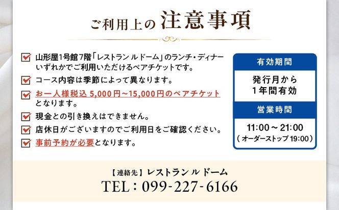 ＜選べる＞【予約制】山形屋 レストラン ルドーム ランチ・ディナー ペアチケット　K326-FT002