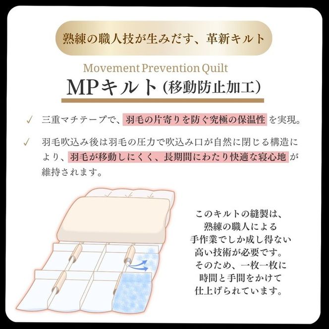 ＜京都金桝＞羽毛布団 ダブル 綿100％ MPキルト(移動防止) ポーランドホワイトマザーグースダウン95％ 1.6kg「ホワイトコウダⓇ」エモシオン《羽毛ふとん 掛け布団 冬 暖か》