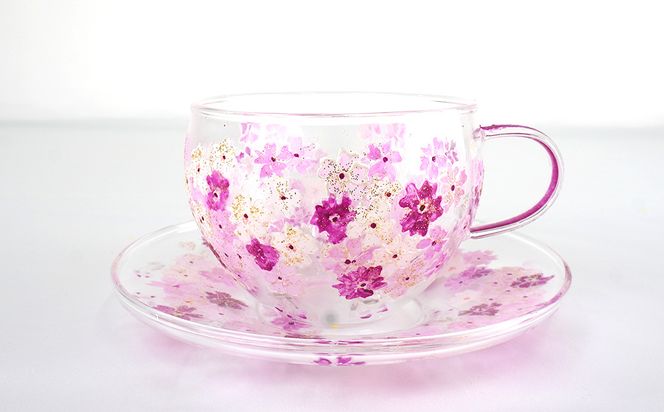 【絵付け手描き】ランプティーポット (1個) 、カップ＆ソーサー (2客) 3点セット 「小桜」 筒井啓子作 | ティーセット 耐熱ガラス 硝子 食器 おしゃれ 一点もの