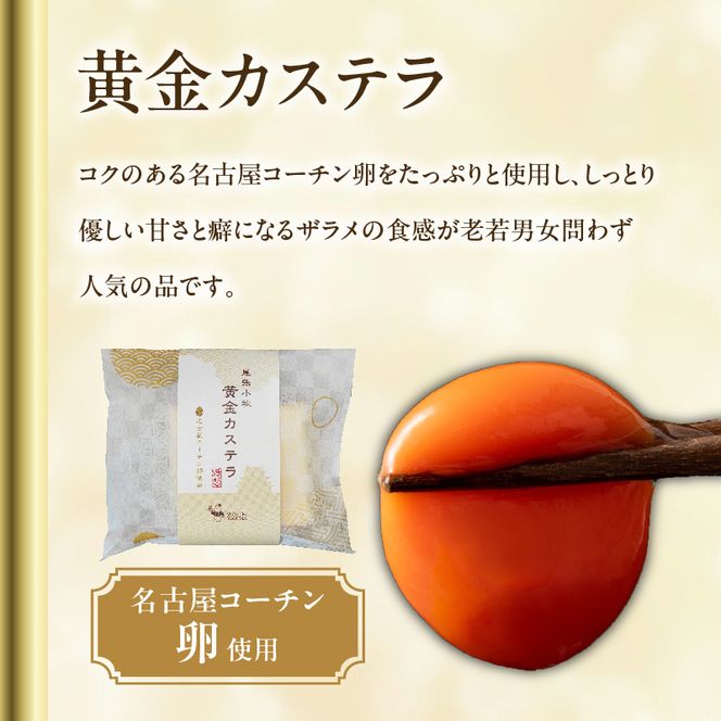 尾張小牧黄金カステラ（名古屋コーチンカステラ）と小牧山城バウムクーヘン（コーチン卵と和三盆糖使用）のセット［120A03］