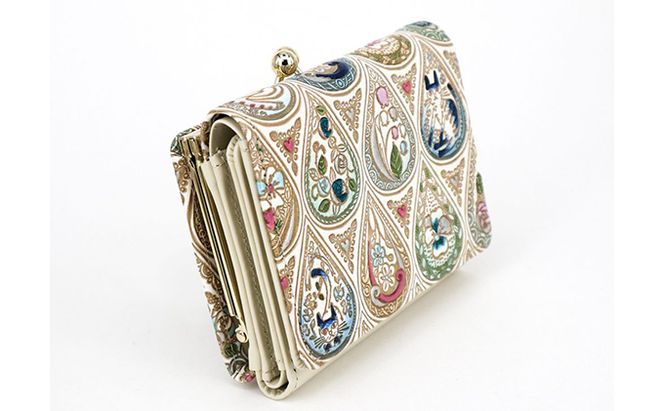 【文庫屋大関】三つ折りミニ財布　花と猫（インディゴ）【皮革工芸品】 ファッション 小物 民芸品 お札 カード 小銭 手のひらサイズ コンパクト 蝶々 牛革 手作り 国産 