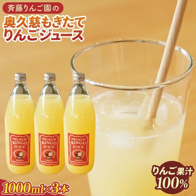 斉藤りんご園の奥久慈りんごジュース（ストレート）1000ml×3本セット（化粧箱入り）｜茨城県 大子町 林檎 果汁 100％ 無添加 フルーツ 旬 果物 子ども(CG005)