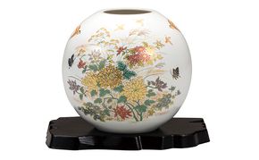 九谷焼　5.5号花瓶　金菊花に雀（台付） 