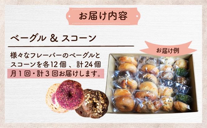 【全3回定期便】厳選おすすめ ベーグル ＆ スコーン 各12個 (24個セット) 詰め合わせ お取り寄せ 冷凍 個包装 沖縄市 / ZEBRA.Bagel[BCAE014]