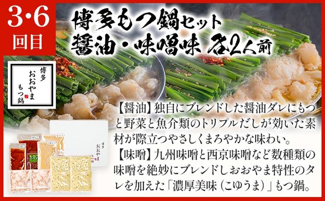 「おおやま」もつ鍋 味わい定期便【隔月定期便（年6回発送）】 モツ鍋 もつ鍋セット モツ鍋セット もつなべ 醤油 しょうゆ 味噌 みそ ちゃんぽん 博多 専門店 2人前 4人前 福岡県 福岡 九州 グルメ お取り寄せ