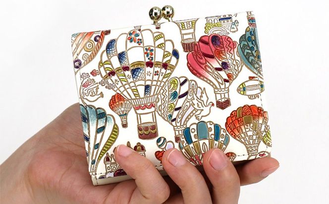 【文庫屋大関】三つ折りミニ財布　気球【皮革工芸品】 ファッション 小物 民芸品 お札 カード 小銭 手のひらサイズ コンパクト 大人かわいい 牛革 手作り 国産 