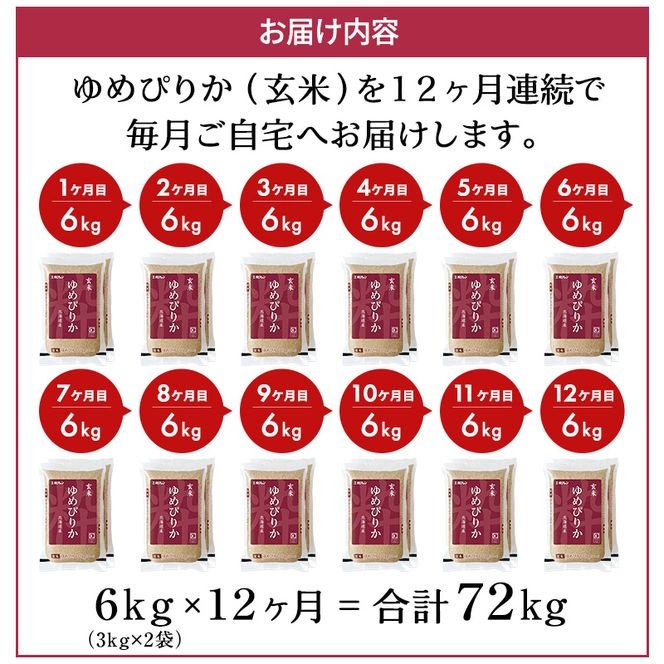 12ヵ月 定期便 ホクレンゆめぴりか（玄米6kg（3kg×2袋））ANA機内食採用 お米 米 ごはん 玄米 国産 北海道 こめ コメ [JA新おたる]