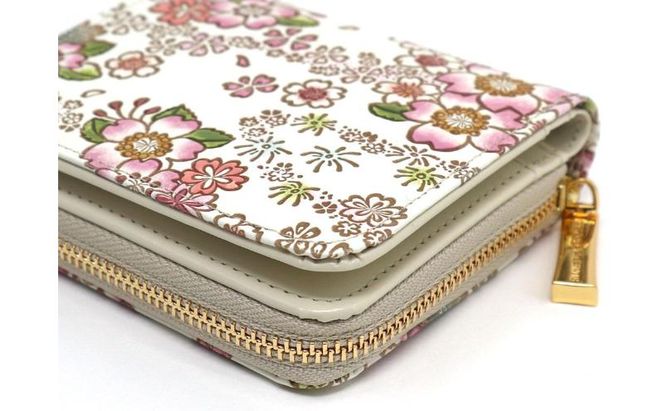 【文庫屋大関】二つ折りファスナーミニ財布 かすみ桜【皮革工芸品】財布 二つ折り 小物 お札 カード 小銭 コンパクト 牛革 手作り 日本製 墨田区 東京都