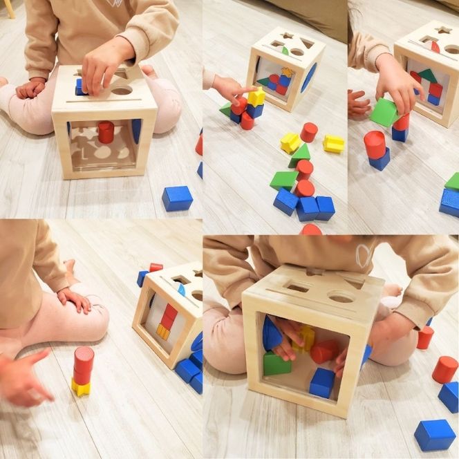 知育玩具 みててBOX ［150A07］ 積み木 円柱 四角 三角 星 シート お手本シート 背景シート ボックス 木 ブラインドボックス 触覚 形当てる チャレンジカード 積み上げ 創造力 学び わくわく 愛知県 小牧市 送料無料