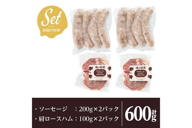 a829 月ノ灯牧場直送！保存料・添加物等不使用の鹿児島県産黒豚ソーセージとハム詰め合わせ合計600g(ソーセージ200g×2p・ハム100g×2p)完全無投薬・放牧黒豚のソーセージとハムをお届け【pig village company】