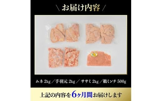 【6ヶ月定期便】宮崎県産若鶏　4種　6.5kg 【 国産 九州産 宮崎県産 鶏肉セット ムネ肉 ササミ 手羽元 ミンチ 鳥肉 とりにく 送料無料 川南町 】 [C06903t6]