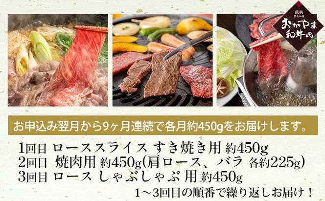 定期便 9ヶ月 おかやま 和牛肉 A4等級以上 食べ比べ 毎月 約450g×9回 牛 赤身 肉 牛肉 冷凍 良質 とろける 霜降り 優秀 有名 美味しい 血統 焼肉 バーベキュー すき焼き 