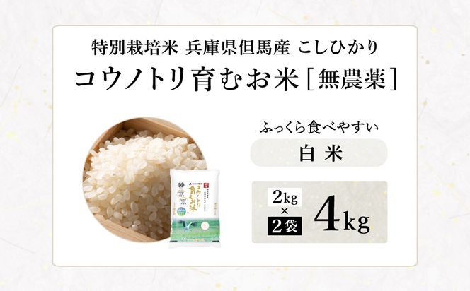 令和7年産 無農薬 白米 4kg コウノトリ育むお米 但馬産 こしひかり 兵庫県産(2kg×2袋)（94-001）無農薬 お米 4キロ 精米 白米 コウノトリ米 コシヒカリ 農薬不使用 特別栽培米 予約 コメ こめ ご飯 ライス 無農薬米