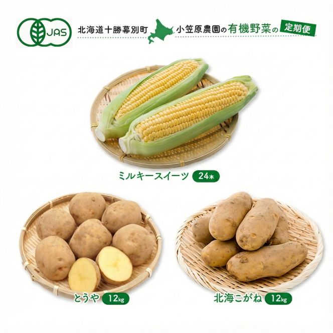 小笠原農園の有機野菜 定期便 夏「とうもろこし」ミルキースイーツ24本・秋「じゃがいも2種」とうや12kg・北海こがね12kg《2027年8月出荷開始》北海道 十勝 幕別【 スイートコーン 芋 セット 野菜 】