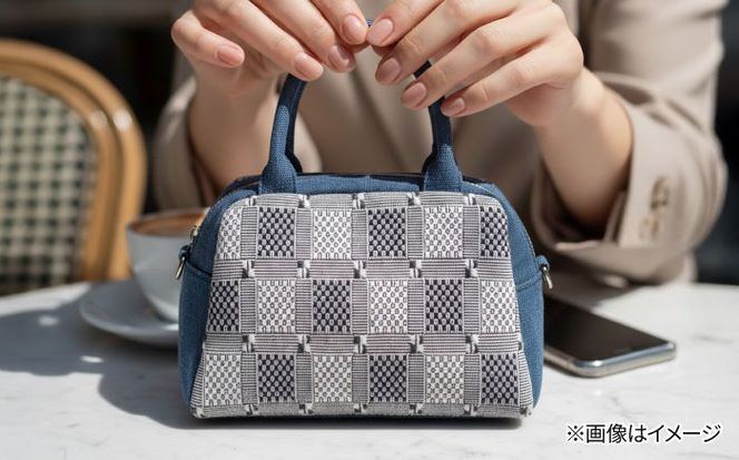 ヤシラミ花織 ランチポーチ+plus 格子モダン (紺色・グレー系織物) ハンドバッグ 手提げバッグ 小さめ おしゃれ レディース 沖縄市 / FABRIC SHOP MINAMI[BCCS002-01]