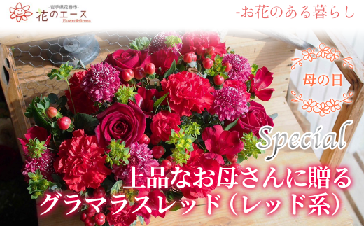 【母の日】フラワーアレンジメント　上品なお母さんに贈る、グラマラスレッド（レッド系）＜スペシャル＞ 【1526】