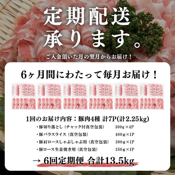 【定期便 全6回】【数量限定】小分け・真空パック!九州産豚肉4種セット(計13.5kg・2.25kg×6回) t006-009