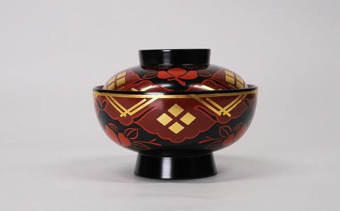 秀衡塗　煮物椀(椿紋・黒内古代朱)　2個 / 漆器 お椀 吸い物椀 煮物椀 おわん 食器 ふた付き セット 漆椀 漆塗 うるしぬり 手塗り 木製 伝統工芸品 和 お正月 高級 結婚 新築祝い お祝い 贈答 贈り物 プレゼント ギフト 香典返し お返し おもてなし【ocy915-koda-tsu-2A】