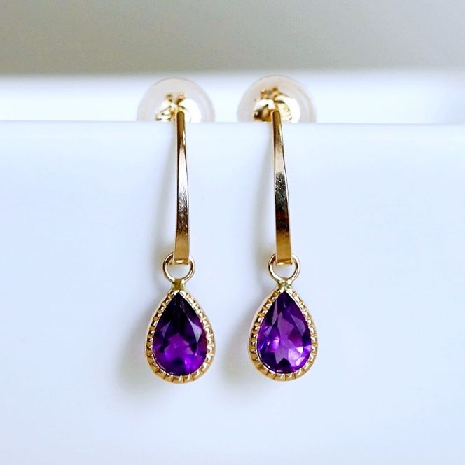 K10YG(10金) イエローゴールド 揺れる アメシスト アンティーク ピアス 保証書付 SR-2223-1 242-043-a