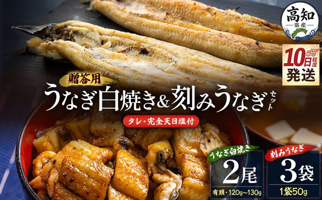 うなぎ 白焼き【10日程度で発送】贈答用 高知県産鰻の白焼き120～130ｇ2尾 刻み鰻50ｇ×3袋 蒲焼きのタレ5袋 天日塩20ｇ yw-0130