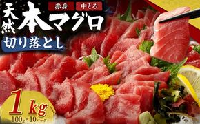 《 天然本まぐろ 》中トロ・赤身 切落とし【１kg（100g×10パック）】 まぐろ マグロ 鮪 中トロ 中とろ 赤身 刺身 刺し身 魚 惣菜 海鮮 魚介類 小分け 訳あり 不揃い 冷凍 高知 室戸の本マグロ tk040