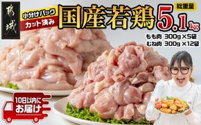 国産若鶏5.1kg 小分けパック!カット済み!(もも300g×5P・むね300g×12P)≪みやこんじょ特急便≫_MJE-3301-Q