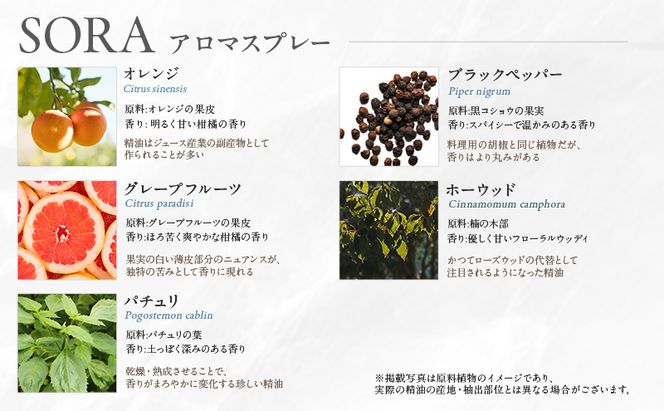 木々之重 SORA エッセンシャルオイル 10ml アロマスプレー 50ml セット アロマオイル アロマグッズ 香り 精油 天然由来 オレンジ グレープフルーツ カルダモン パチュリ ブラックペッパー ホーウッド スパイス 気分転換 スッキリ 癒し 贈答 プレゼント