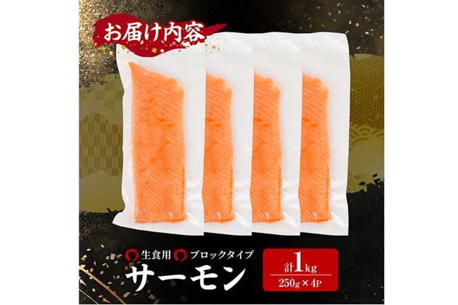 生食用 サーモン ブロック(計1kg・250g×4P) 鮭 小分け 真空 パック 冷凍 刺身 シャケ サケ 魚 魚介 【AW-100】【丸正水産】
