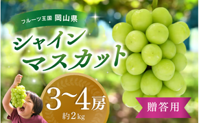 【2026年先行予約】ぶどう 岡山 花笑み農園 『シャインマスカット』約2kg（3～4房） 贈答用 岡山 真庭 シャインマスカット 高級 2kg 贈答 2026 真庭市 大粒 葡萄 果物 フルーツ シャインマスカット 人気 数量限定 9月下旬～ 受付順に発送予定 【hana016-02】