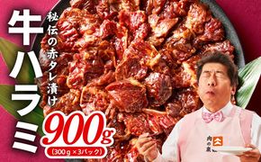 010B1801 【TVで紹介！】牛ハラミ肉 900g 秘伝の赤タレ漬け【小分け 300g×3P 牛肉 焼肉用 焼くだけ 小分け BBQ やきにく】