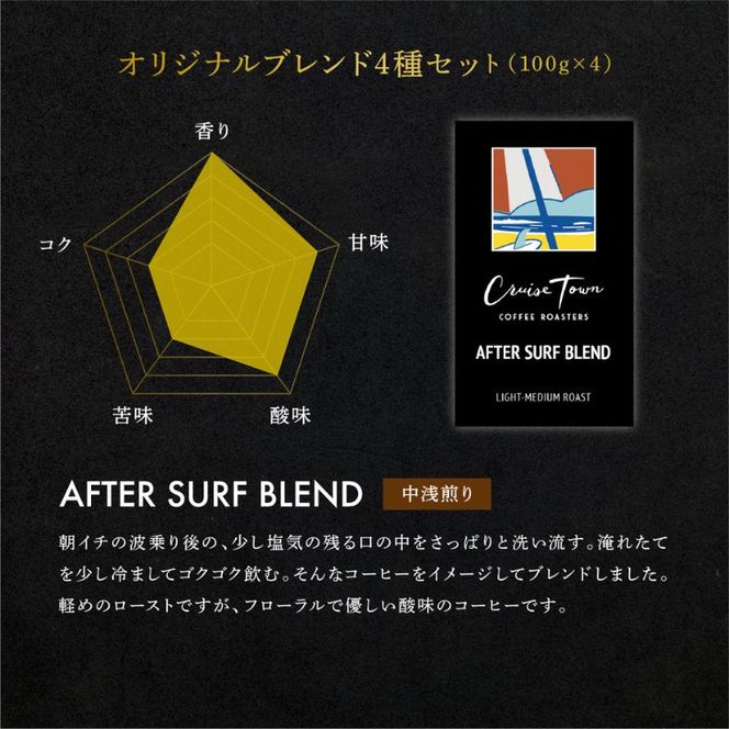 3ヵ月定期便【茅ヶ崎のスペシャルティコーヒー専門ロースター】CRUISE TOWN COFFEE ROASTERS オリジナルブレンド4種セット（100g×4） コーヒー豆 飲み物 飲料 ドリンク コーヒーブレイク 飲み比べ 