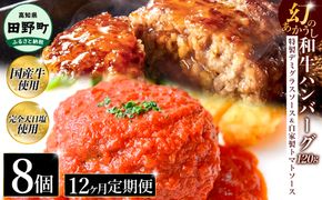 幻のあかうし和牛ハンバーグ 8個入り 12ヶ月定期便 1個120g 特製デミソース トマトソース付き 田野屋青蜂 白鯆 完全天日塩練り込み 肉 お肉 国産牛 おかず おいしい お取り寄せ 冷凍 配送 高知県 田野町