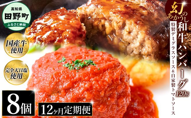 幻のあかうし和牛ハンバーグ 8個入り 12ヶ月定期便 1個120g 特製デミソース トマトソース付き 田野屋青蜂 白鯆 完全天日塩練り込み 肉 お肉 国産牛 おかず おいしい お取り寄せ 冷凍 配送 高知県 田野町